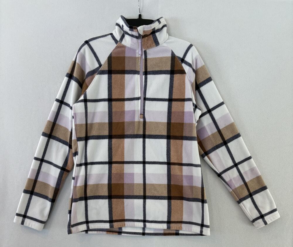 Eddie Bauer Fleece Pullover Womens Small Plaid 1/4 Zip Mock Neck Long Sleeve
